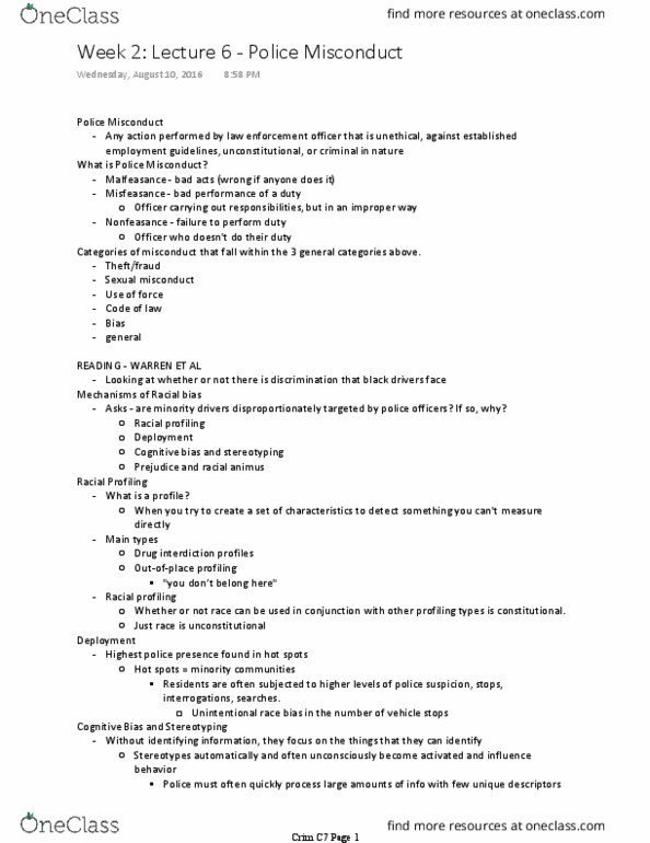 CRM/LAW C7 Lecture Notes - Lecture 11: Misfeasance, Highway Patrol, Stereotype thumbnail