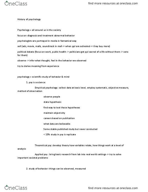 PSY 101 Lecture Notes - Lecture 1: Abraham Maslow, Cognitive Revolution, Sigmund Freud thumbnail