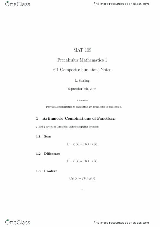 MAT 109 Lecture Notes - Lecture 13: Precalculus thumbnail