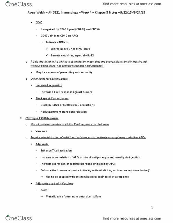 AH 3121 Chapter Notes - Chapter 5: T Helper Cell, Sarcoma, Cytosol thumbnail