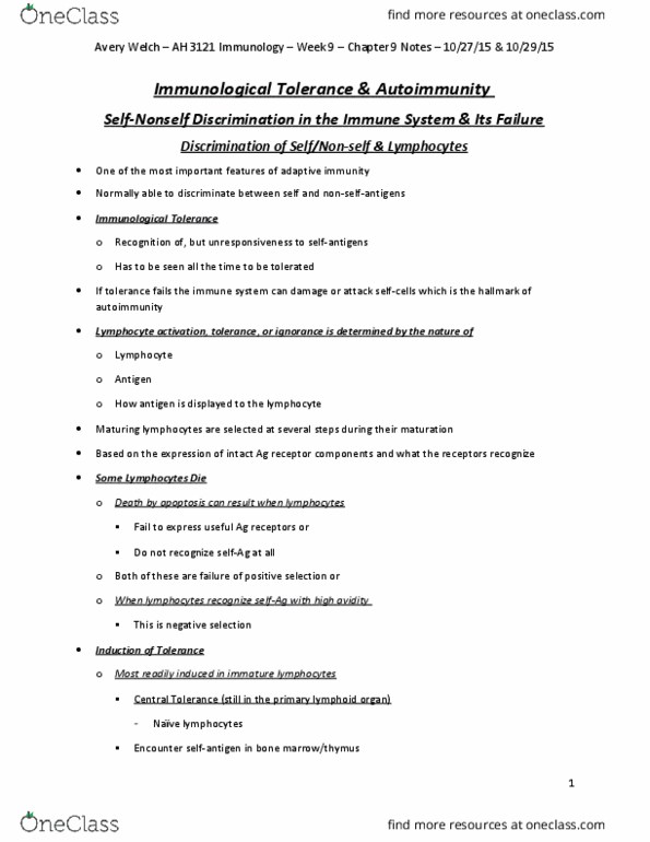 AH 3121 Chapter Notes - Chapter 9: Autoimmune Regulator, Regulatory T Cell, Autoimmune Polyendocrine Syndrome thumbnail