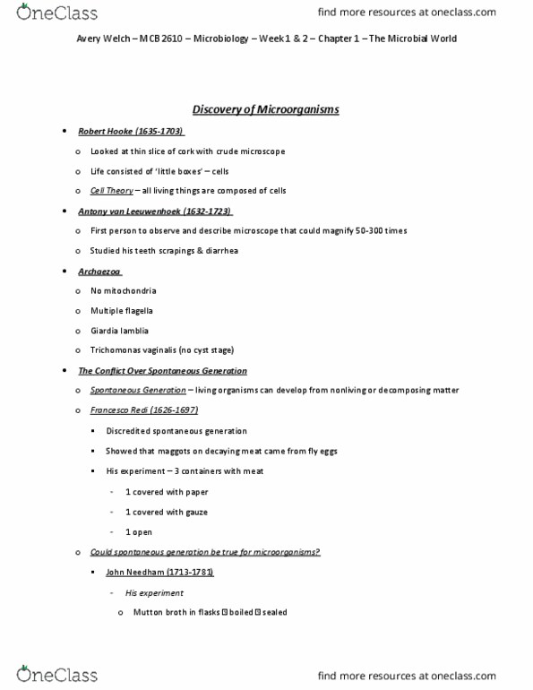 MCB 2610 Chapter Notes - Chapter 1: Miasma Theory, Oomycete, Antonie Van Leeuwenhoek thumbnail