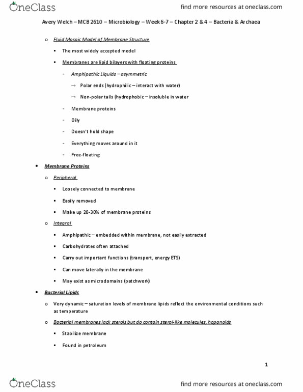 MCB 2610 Chapter Notes - Chapter 2 & 4: Fluid Mosaic Model, Hopanoids, Sterol thumbnail