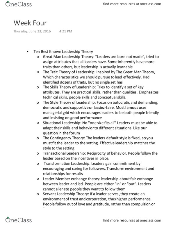 37:575:319 Lecture Notes - Lecture 4: Contingency Theory, Trait Theory, Situational Leadership Theory thumbnail