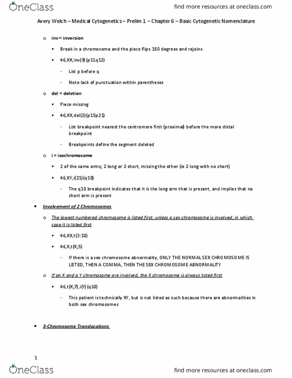 DGS 3223 Chapter Notes - Chapter 6: Isochromosome, Cytogenetics, Allosome thumbnail