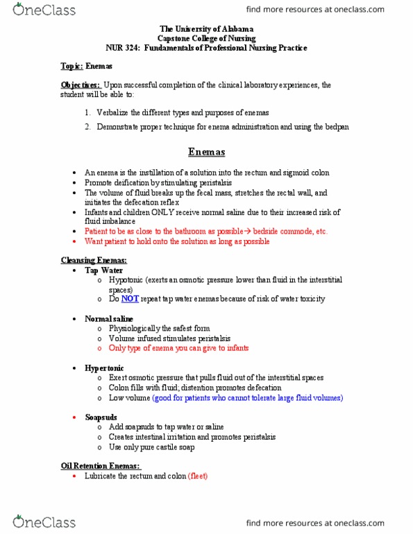 NUR 324 Lecture Notes - Lecture 4: Castile Soap, Gastrointestinal Perforation, Bedpan thumbnail