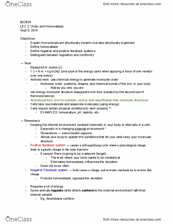 BIOB34H3 Lecture Notes - Lecture 2: Positive Feedback, Homeostasis, Homeothermy thumbnail