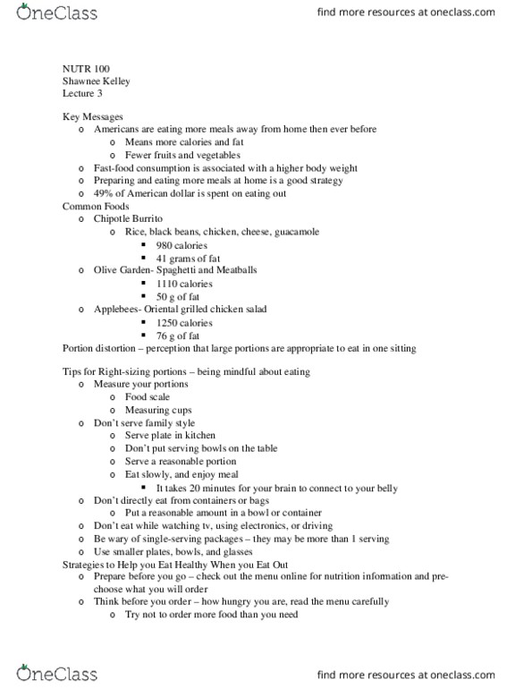 NUTR 100 Lecture Notes - Lecture 3: Chicken Salad, Guacamole, United States Dollar thumbnail