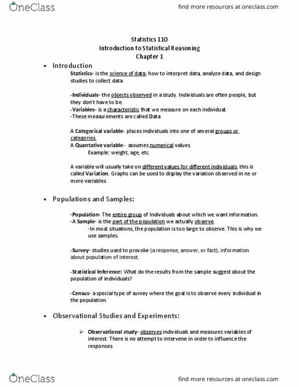 STAT 110 Lecture Notes - Lecture 1: Observational Study, Categorical Variable thumbnail