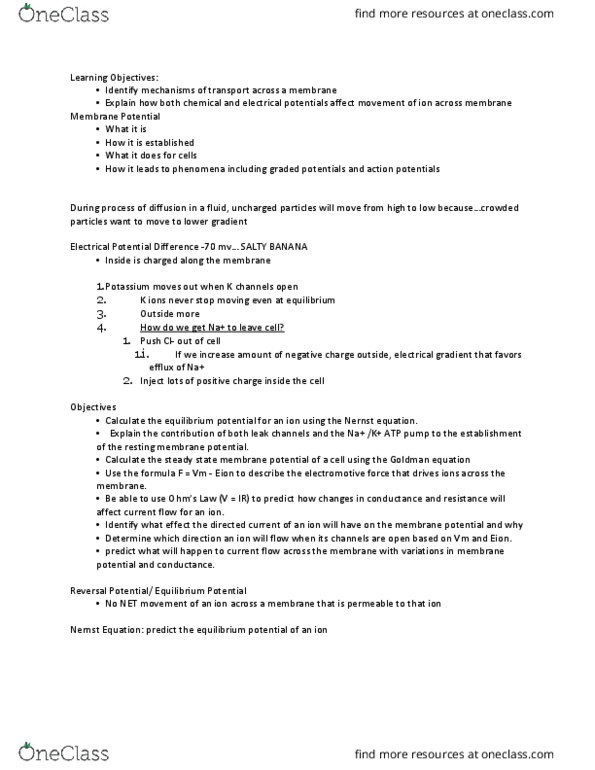 BIPN 100 Lecture Notes - Lecture 1: Electrochemical Potential, Membrane Potential, Electromotive Force thumbnail