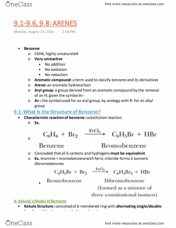 Chemistry 2213A/B Chapter 9: 9.1-9.6, 9.8 ARENES thumbnail