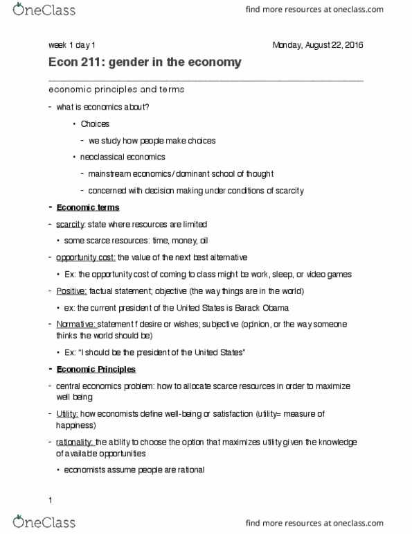 ECON 211 Lecture Notes - Lecture 1: Opportunity Cost, Theory-Theory thumbnail