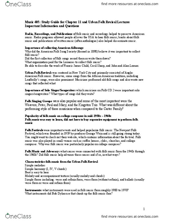 MUSI 401 Lecture Notes - Lecture 4: Dalton Trumbo, Folk Music, English Folk Dance And Song Society thumbnail