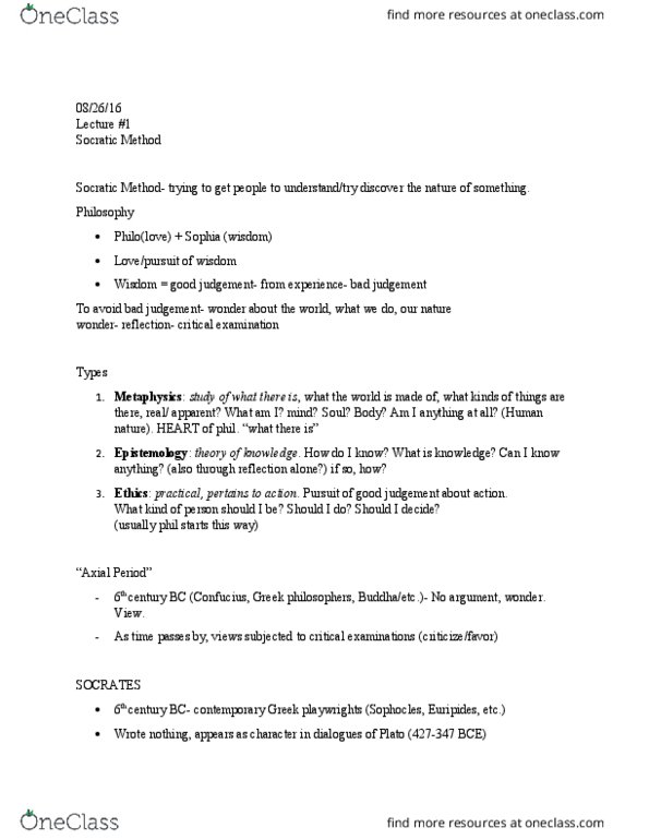 PHL 301 Lecture Notes - Lecture 1: Sophia (Wisdom), Socratic Method, Sophocles thumbnail