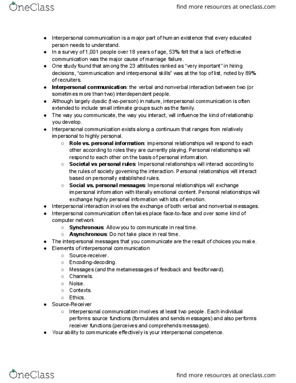 SLWK 230 Chapter Notes - Chapter 1: Interpersonal Communication, Computer Network thumbnail