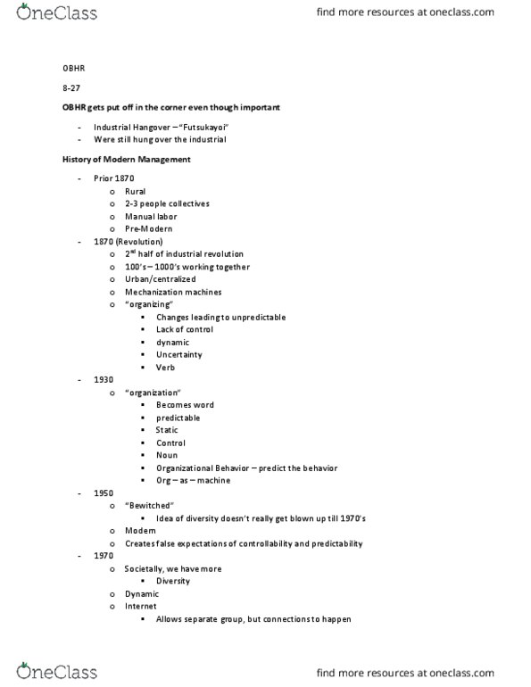 OBHR 3310 Lecture Notes - Lecture 1: Manual Labour, Industrial Revolution thumbnail