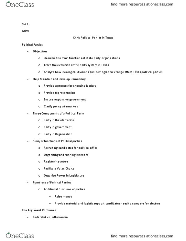 GOVT 2306 Lecture Notes - Lecture 13: National Republican Party, Southern Democrats, Party System thumbnail