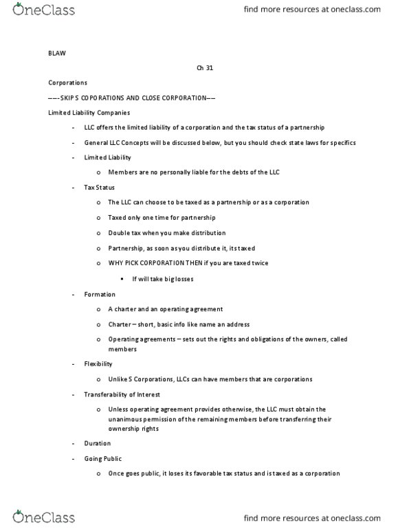 BLAW 2301 Lecture Notes - Lecture 10: Sole Proprietorship, Benefit Corporation, General Partnership thumbnail