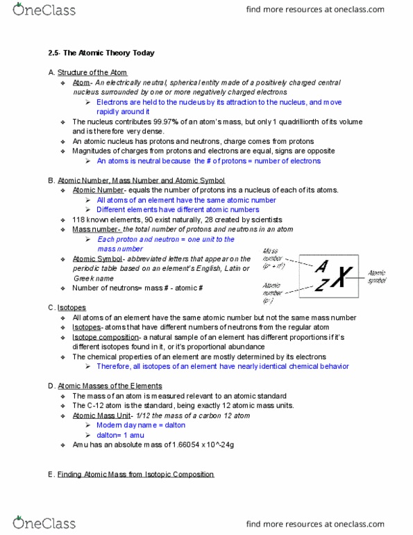 CHE 131 Chapter Notes - Chapter 2: Atomic Nucleus, Atomic Mass, Mass Number thumbnail