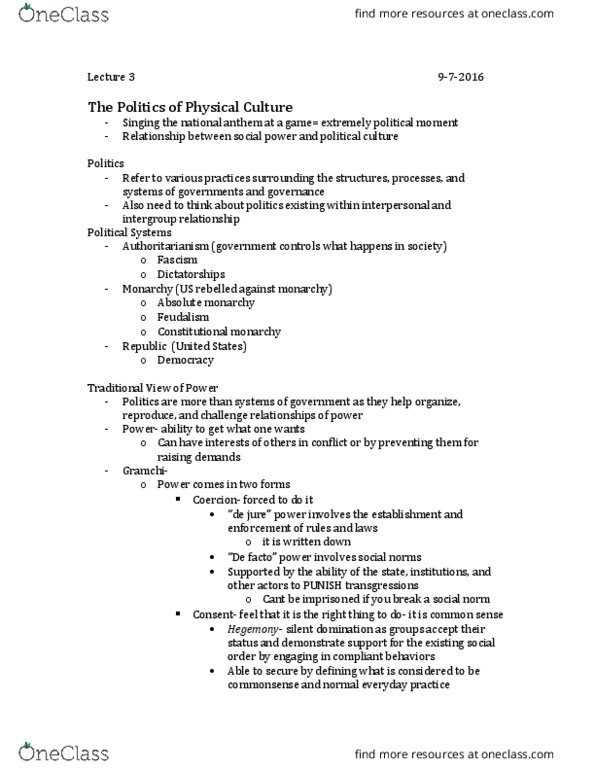 KNES 293 Lecture Notes - Lecture 3: Physical Culture, Absolute Monarchy, Michel Foucault thumbnail