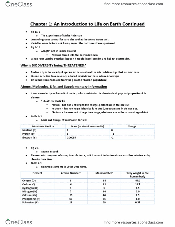 BIOLOGY 1P03 Lecture Notes - Lecture 2: Habitat Destruction, Atomic Number, Carbon thumbnail