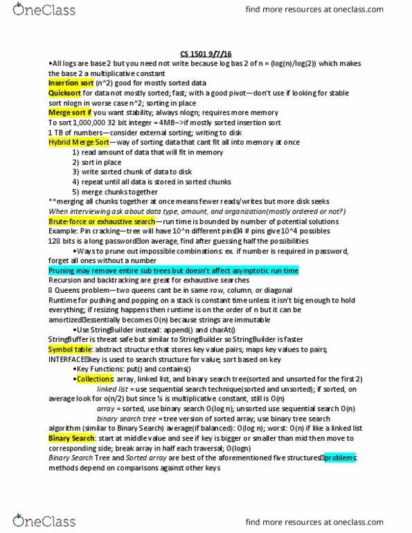 CS 1501 Lecture Notes - Lecture 2: Binary Search Tree, Merge Sort, Linear Search thumbnail