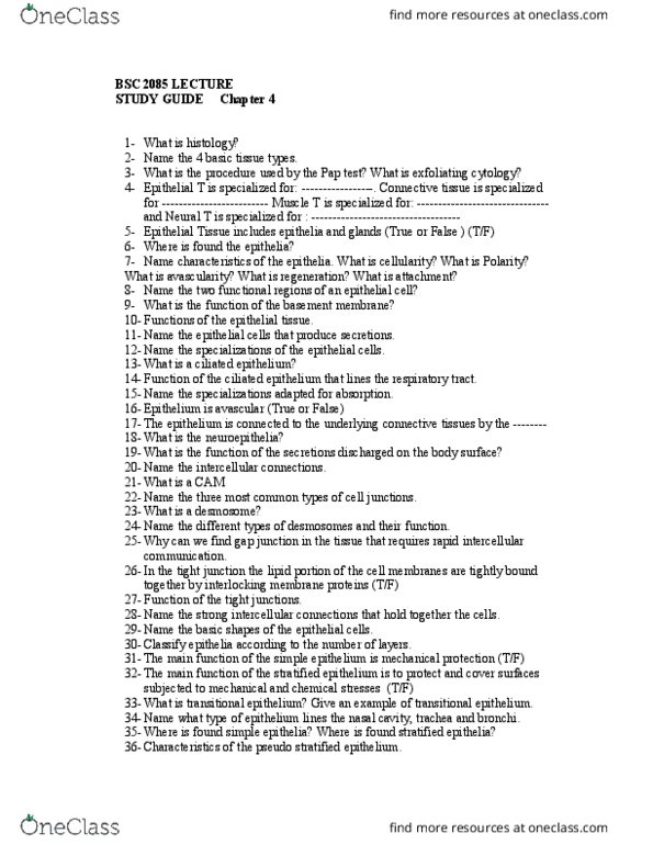 BSC 1085C Chapter Notes - Chapter 4: Transitional Epithelium, Tight Junction, Epithelium thumbnail