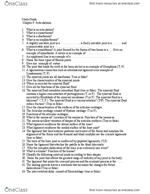 BSC 1085C Chapter Notes - Chapter 9: Synovial Joint, Tuberosity Of The Tibia, Synovial Fluid thumbnail