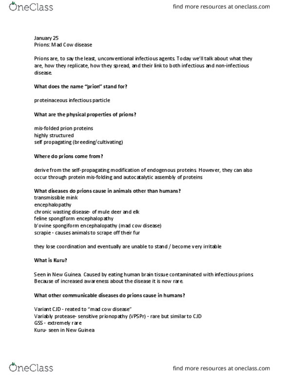 UC 154 Lecture Notes - Lecture 7: Bovine Spongiform Encephalopathy, Fatal Familial Insomnia, Chronic Wasting Disease thumbnail