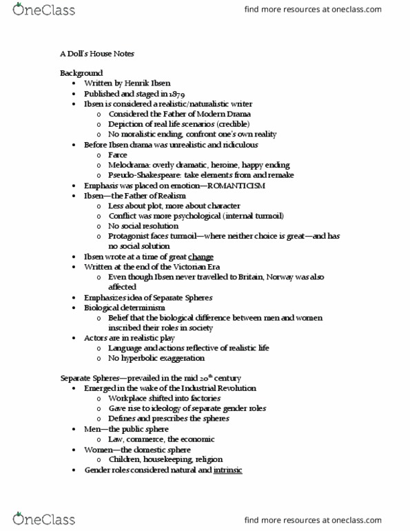 ENGL 100 Chapter Notes - Chapter 1-3: Henrik Ibsen, Separate Spheres, Term Of Endearment thumbnail