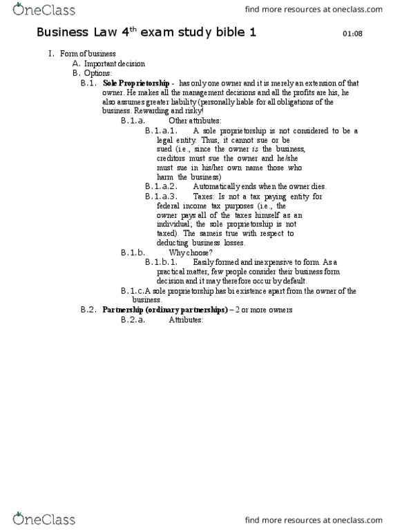 BUS 207 Lecture Notes - Lecture 4: Limited Liability Partnership, Sole Proprietorship, Uniform Partnership Act thumbnail