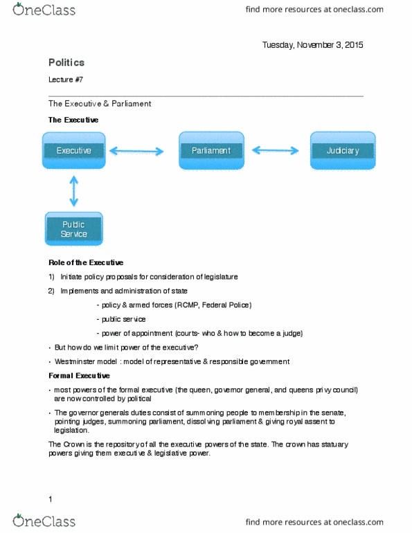 POL 101 Lecture Notes - Lecture 7: Individual Ministerial Responsibility, Royal Assent, Parliamentary Leader thumbnail