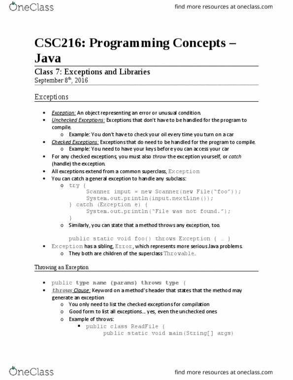 CSC 216 Lecture Notes - Lecture 7: Code Reuse, Stack Trace, Duplicate Code thumbnail