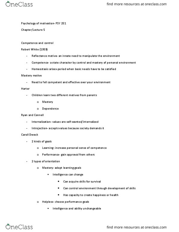 PSY 251 Lecture Notes - Lecture 5: Learned Helplessness, Introjection, Psy thumbnail