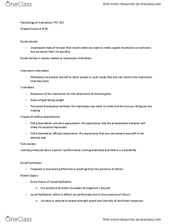 PSY 251 Lecture Notes - Lecture 10: Robert Zajonc, Test Anxiety, Drive Theory thumbnail