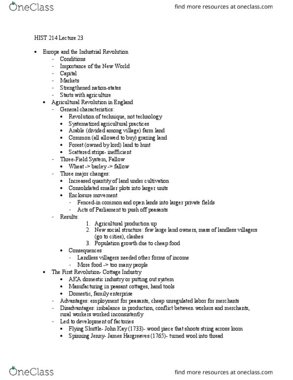 HIST 214 Lecture Notes - Lecture 23: Enclosure, Nationstates, Spinning Jenny thumbnail