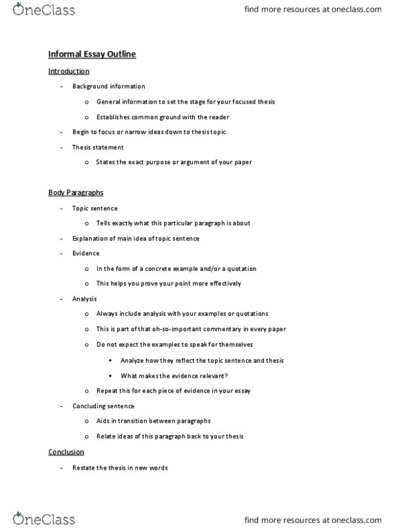 ENGL 1080 Lecture Notes - Lecture 1: Topic Sentence, Thesis Statement, General Idea thumbnail