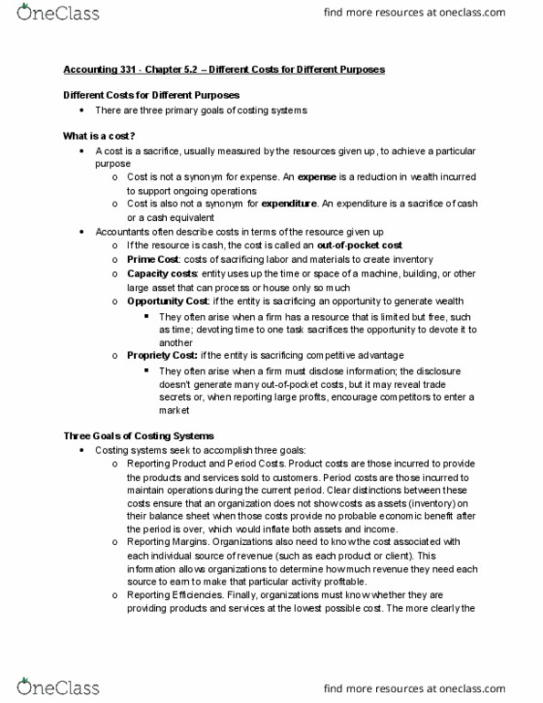 ACCOUNTG 331 Chapter Notes - Chapter 5.2: Opportunity Cost, Product Differentiation, Mass Customization thumbnail