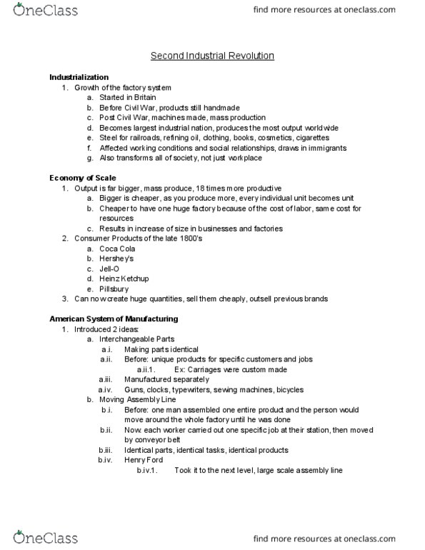 HIST 106 Lecture Notes - Lecture 4: Second Industrial Revolution, Heinz Tomato Ketchup, Scientific Management thumbnail