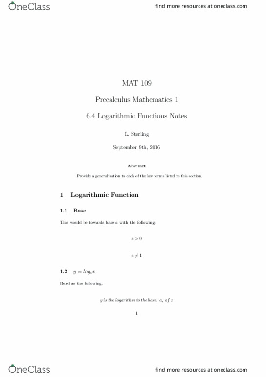 MAT 109 Lecture Notes - Lecture 16: Logarithm, Precalculus, Real Number thumbnail