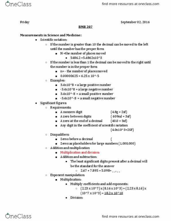 BMB 207 Lecture Notes - Lecture 5: Scientific Notation, Negative Number, Significant Figures thumbnail