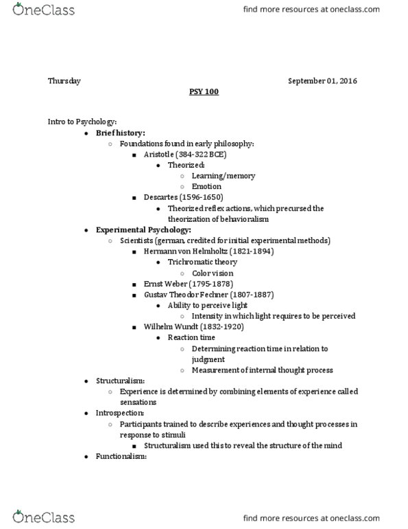 PSY 100 Lecture Notes - Lecture 2: Gustav Fechner, Hermann Von Helmholtz, Wilhelm Wundt thumbnail