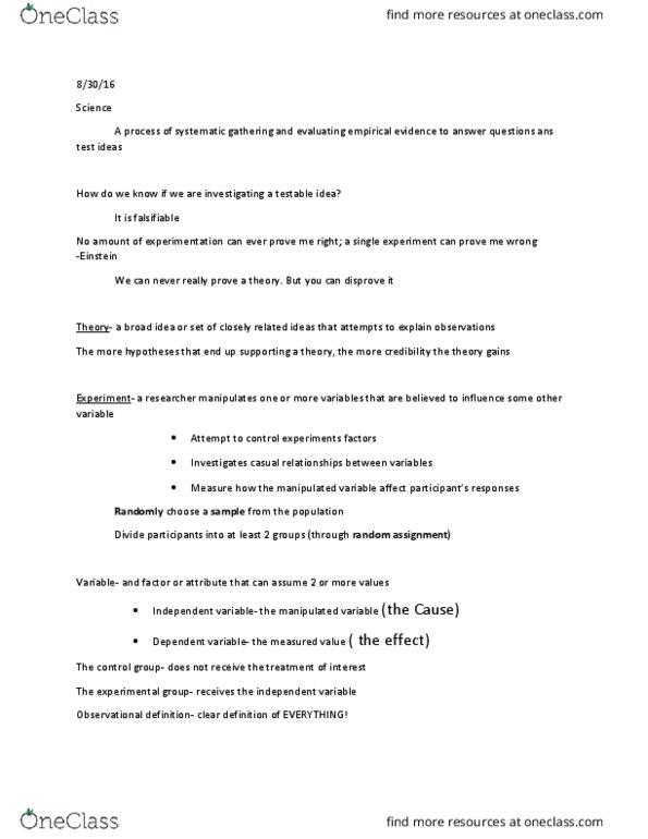 PSYC 1010 Lecture Notes - Lecture 2: Confounding, The Control Group, External Validity thumbnail