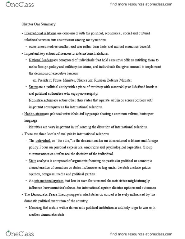 POL 141 Chapter Notes - Chapter 1: Democratic Peace Theory, Nationstates thumbnail