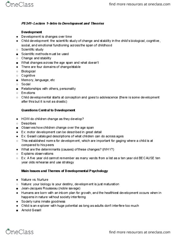 CAS PS 241 Lecture Notes - Lecture 1: Arnold Gesell, Noble Savage, Tabula Rasa thumbnail