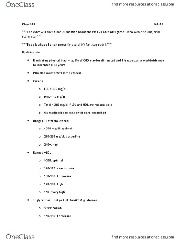 KINES 456 Lecture Notes - Lecture 8: Low-Density Lipoprotein, Cholesterol, Very Low-Density Lipoprotein thumbnail