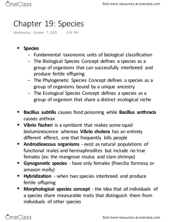 BIOA02H3 Chapter Notes - Chapter 19: Mangrove Rivulus, Species Problem, Ecological Niche thumbnail