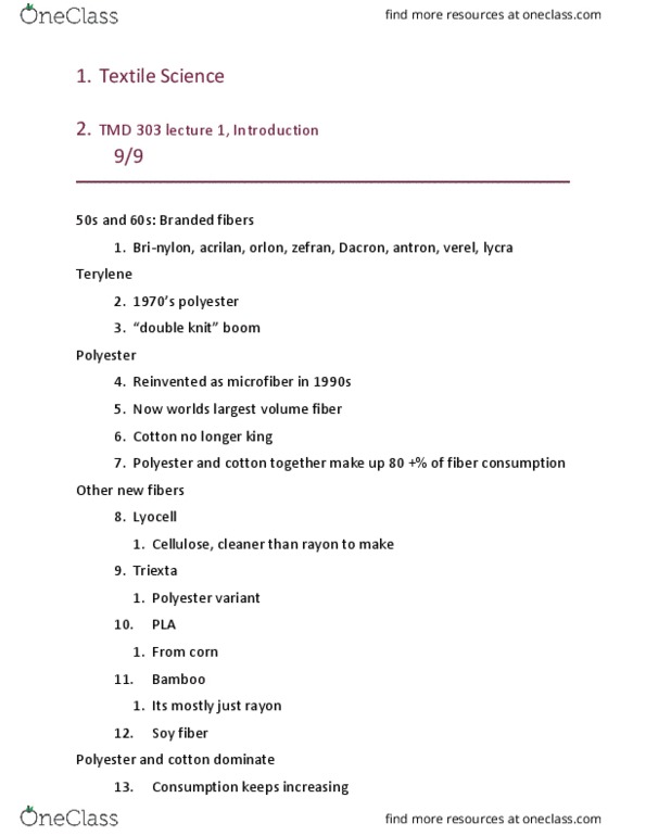 TMD 303 Lecture Notes - Lecture 1: Polyethylene Terephthalate, Microfiber, Spandex thumbnail