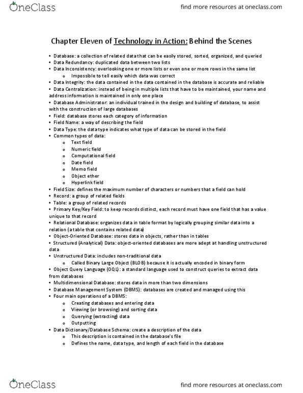 CIS 1200 Chapter Notes - Chapter 11: Object Query Language, Binary Large Object, Database Administrator thumbnail