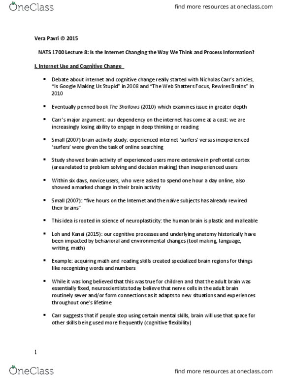 NATS 1700 Lecture Notes - Lecture 8: Long-Term Memory, Prefrontal Cortex, Cognitive Flexibility thumbnail